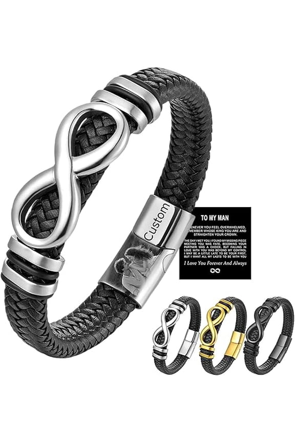 To My Man Infinity Bracelet, Personalized Infinity Knot Leather Bracelet, Custom Engraved Picture/Text Infinitys Bracelets for Couples, Custom Bracelets Valentine Christmas Gift for Him