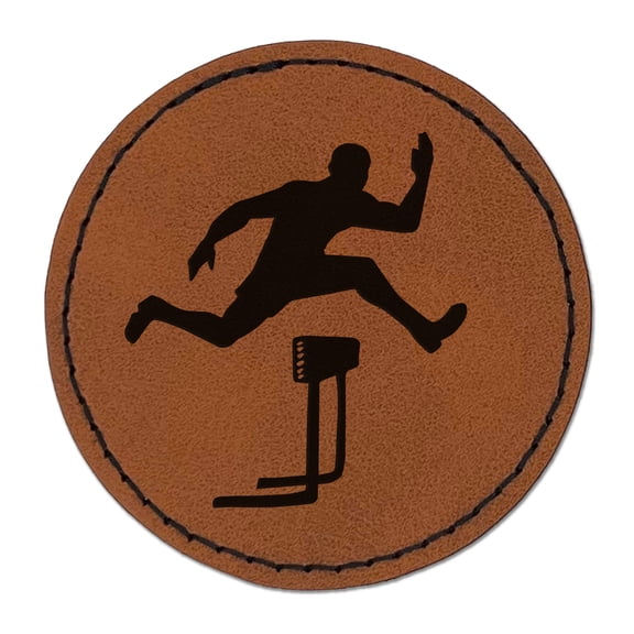 Man Jumping Over Hurdles Fitness Track and Field 2.5" Faux Leather Round Engraved Iron-On Patch - Brown