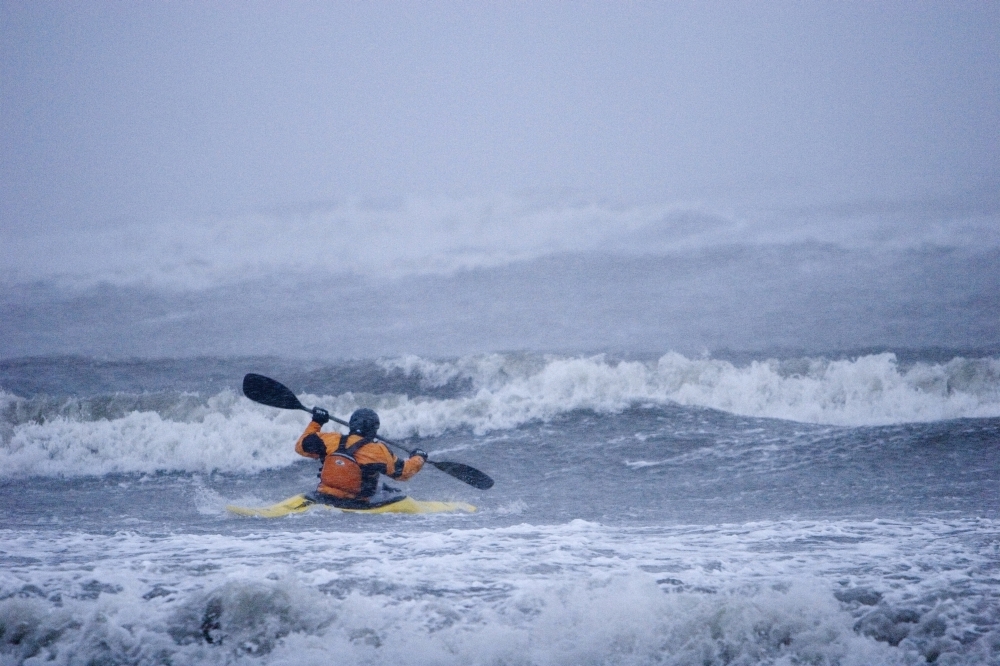 Man Kayak Surfing In Winter Storm Surf Kachemak Bay Near Homer Kenai Peninsula Alaska Winter Canvas Art - Scott Dickerson Design Pics (17 x 11)
