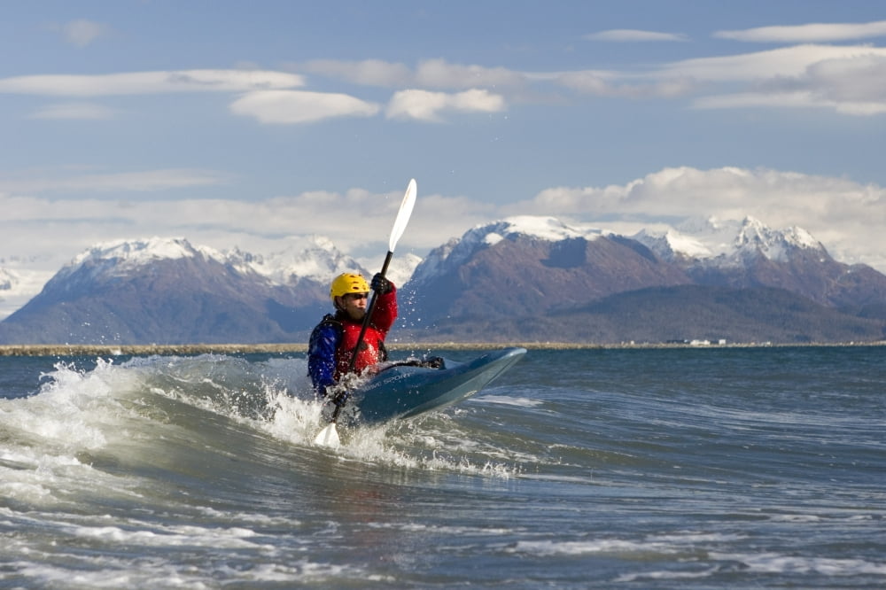 Man Kayak Surfing Waves On Katchemak Bay Near Homer Kenai Peninsula Alaska Autumn Canvas Art - Scott Dickerson Design Pics (17 x 11)