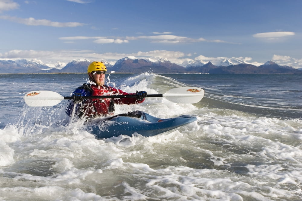 Man Kayak Surfing Waves On Katchemak Bay Near Homer Kenai Peninsula Alaska Autumn Canvas Art - Scott Dickerson Design Pics (17 x 11)