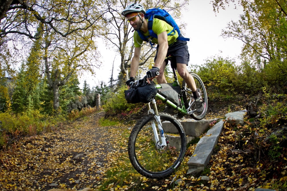 Man Mountain Biking Over Rocks Anchorage Hillside Trails Southcentral Alaska Autumn Canvas Art - Joe Stock Design Pics (17 x 11)