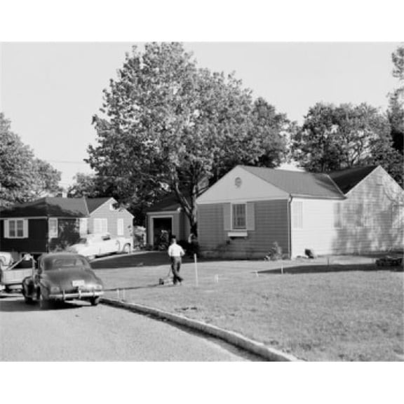 Man Mowing Lawn on Suburbs Poster Print - 18 x 24 in.