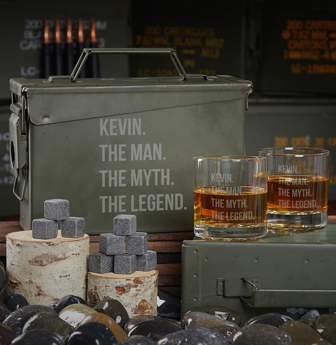 Man Myth Legend Personalized Ammo Can and Whiskey Glasses Gift Set
