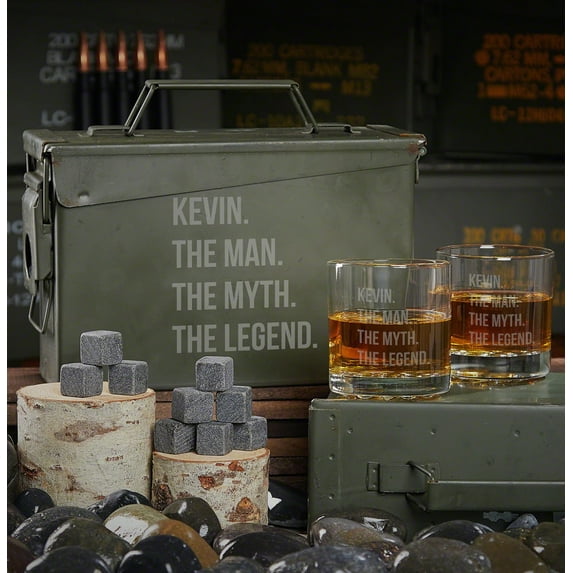 Man Myth Legend Personalized Ammo Can and Whiskey Glasses Gift Set
