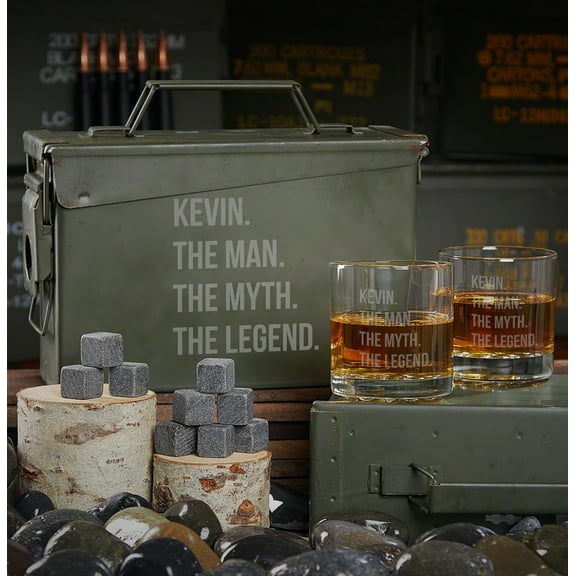 Man Myth Legend Personalized Ammo Can and Whiskey Glasses Gift Set
