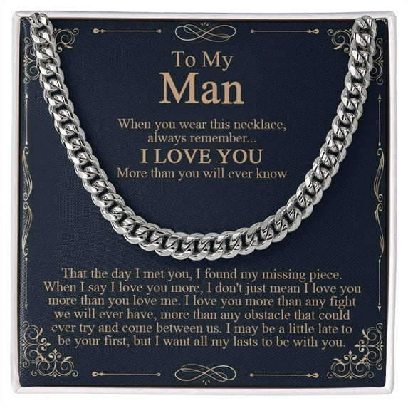 To My Man Necklace, Boyfriend Cuban Chain Necklace, Boyfriend Birthday, Boyfriend Anniversary, Romantic Gift for Boyfriend, Cuban Link Chain - Stainless Steel/ Yellow Plated - Message Card & Gift Box