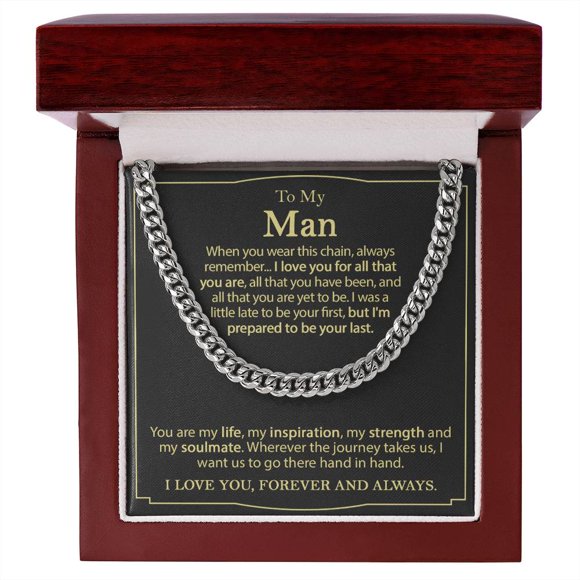To My Man Necklace, Cuban Chain Necklace for Him, Romantic Birthday Gifts for Men, Cuban Link Chain - Stainless Steel/ Yellow Plated - Message Card & Gift Box