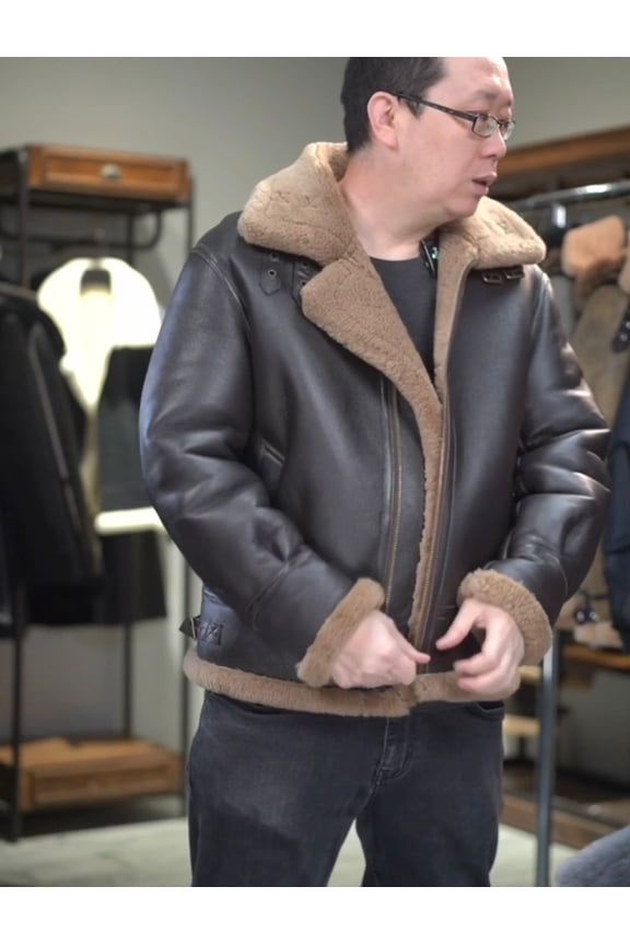 Man New Winter Fashion Coat Genuine Sheepskin Shearling Leather Jacket for Male Thick Warm Wool Liner Brown Plus Size for Weight 100kgs 110kgs,Brown,58