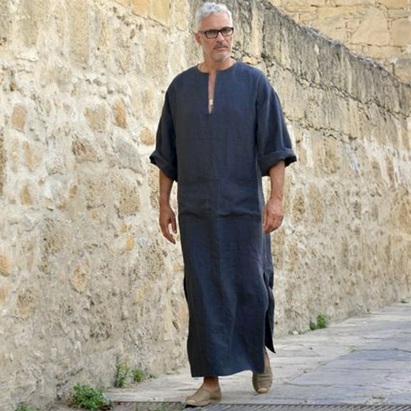 Tbopshirt Man Nightgown Mens Ethnic Robes Loose Solid Long Sleeve Loose Vintage Dress Kaftan NY/XL