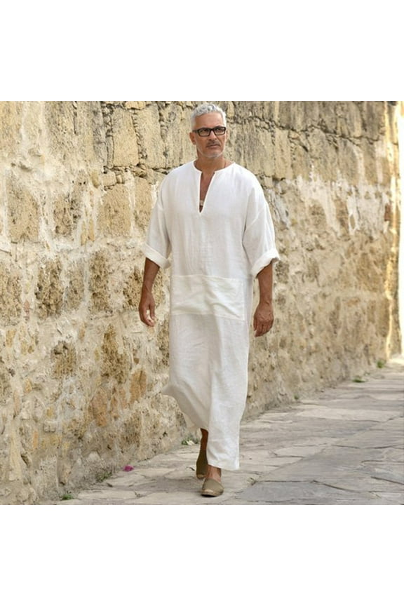 Man Nightgown Mens Ethnic Robes Loose Solid Long Sleeve Loose Vintage Dress Kaftan WH/L