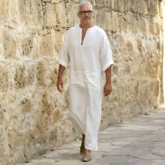 Tbopshirt Man Nightgown Mens Ethnic Robes Loose Solid Long Sleeve Loose Vintage Dress Kaftan WH/S