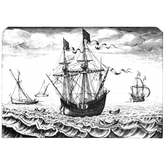 Man Of War C1565. Nman Of War With Three Small Boats. Line Engraving C1565 By Frans Huys After Peter Bruegel The