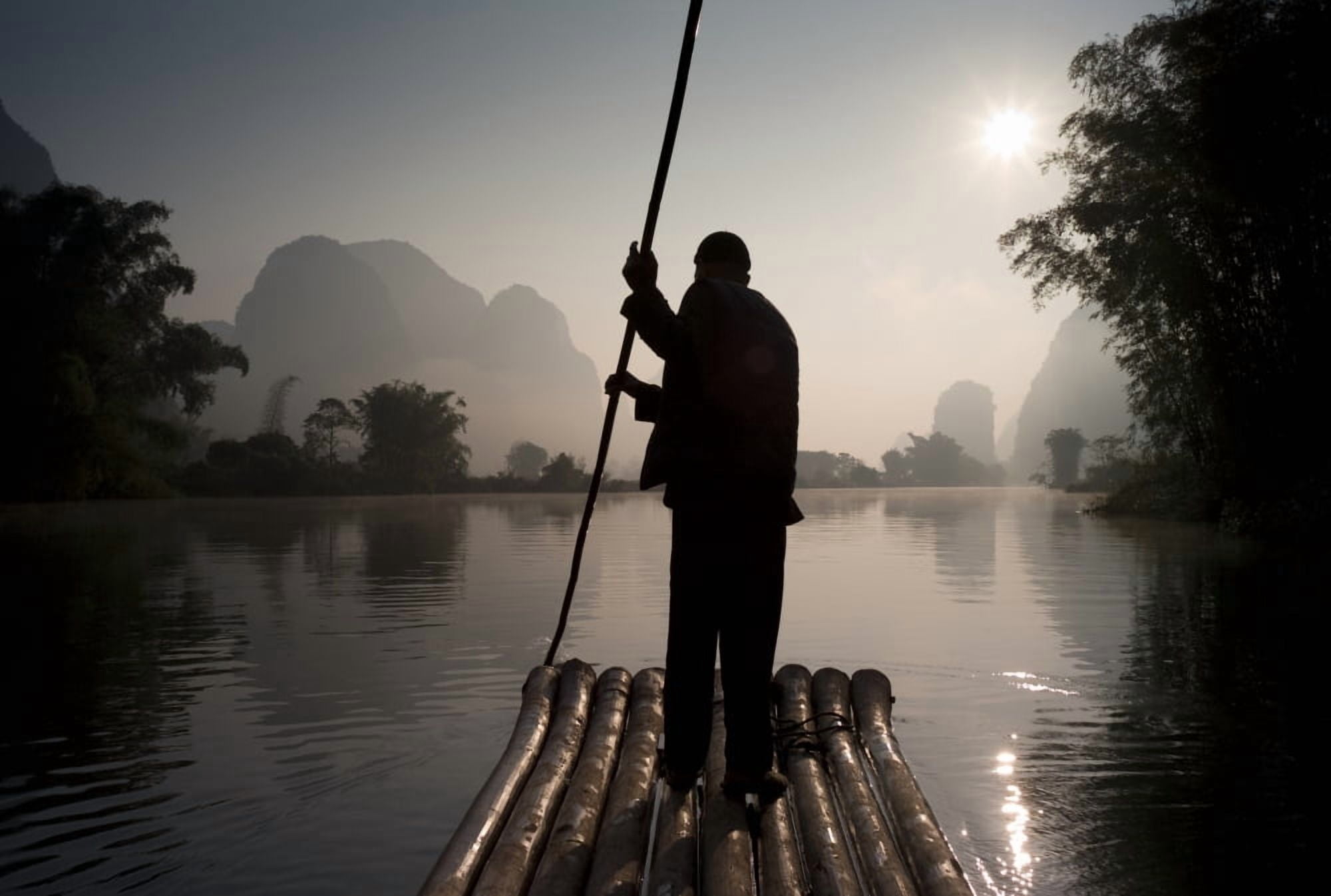 Man On Raft In Mountain Area Yulong River Yangshuo China Canvas Art - Keith Levit Design Pics (20 x 13)
