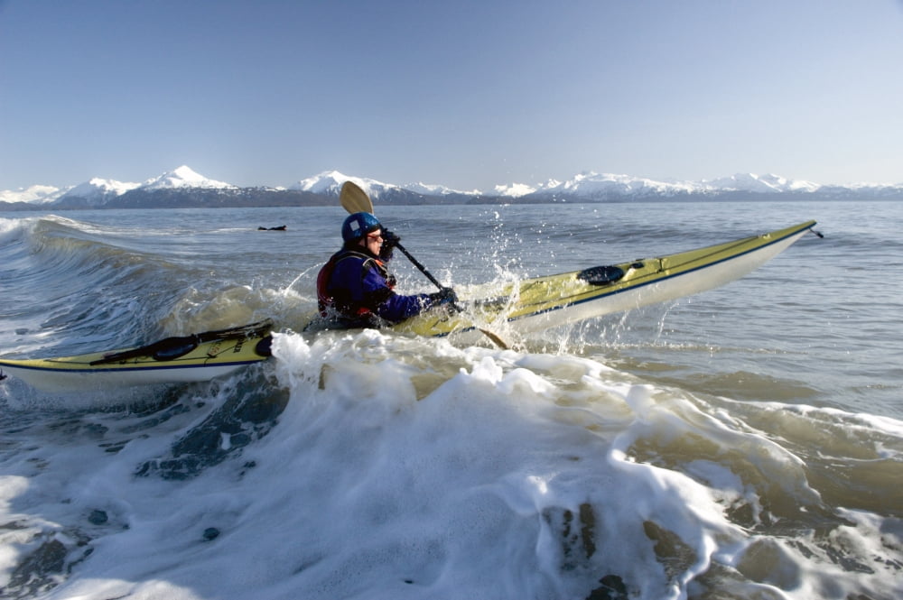 Man Paddles Kayak In Surf Kachemak Bay Homer Ak Kp Spring Canvas Art - Scott Dickerson Design Pics (17 x 11)