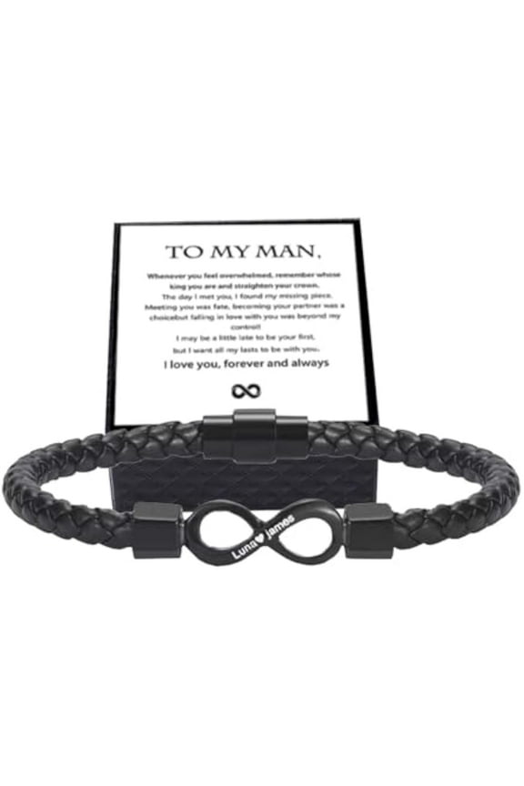 To My Man, Personalized Dual Name Infinity Leather Bracelet, Stainless steel Braided Bracelet, Personalized Custom Name Bracelet for Men, Bracelets for Boyfriend Xmas, Birthday, Anniversary
