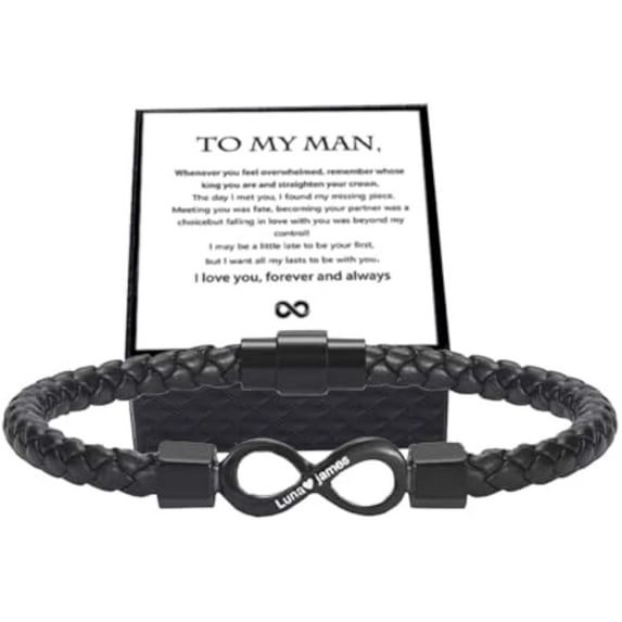 To My Man, Personalized Dual Name Infinity Leather Bracelet, Stainless steel Braided Bracelet, Personalized Custom Name Bracelet for Men, Bracelets for Boyfriend Xmas, Birthday, Anniversary