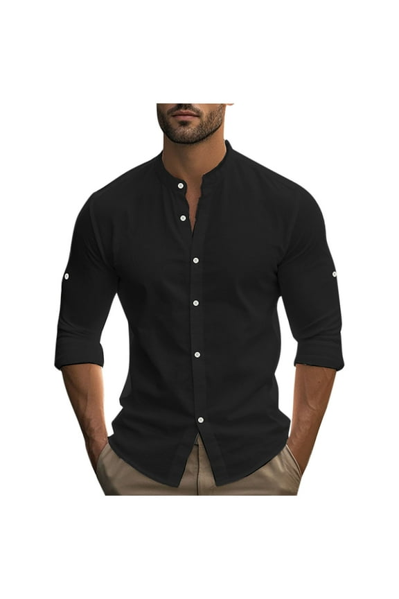 Man Plain T Shirts Tops Tee for Man Long Sleeve Collared Neck Faux Gauze Linen Lounge Fall Summer Tee Shirt Button 2026 Clothing Country Concert Y2K