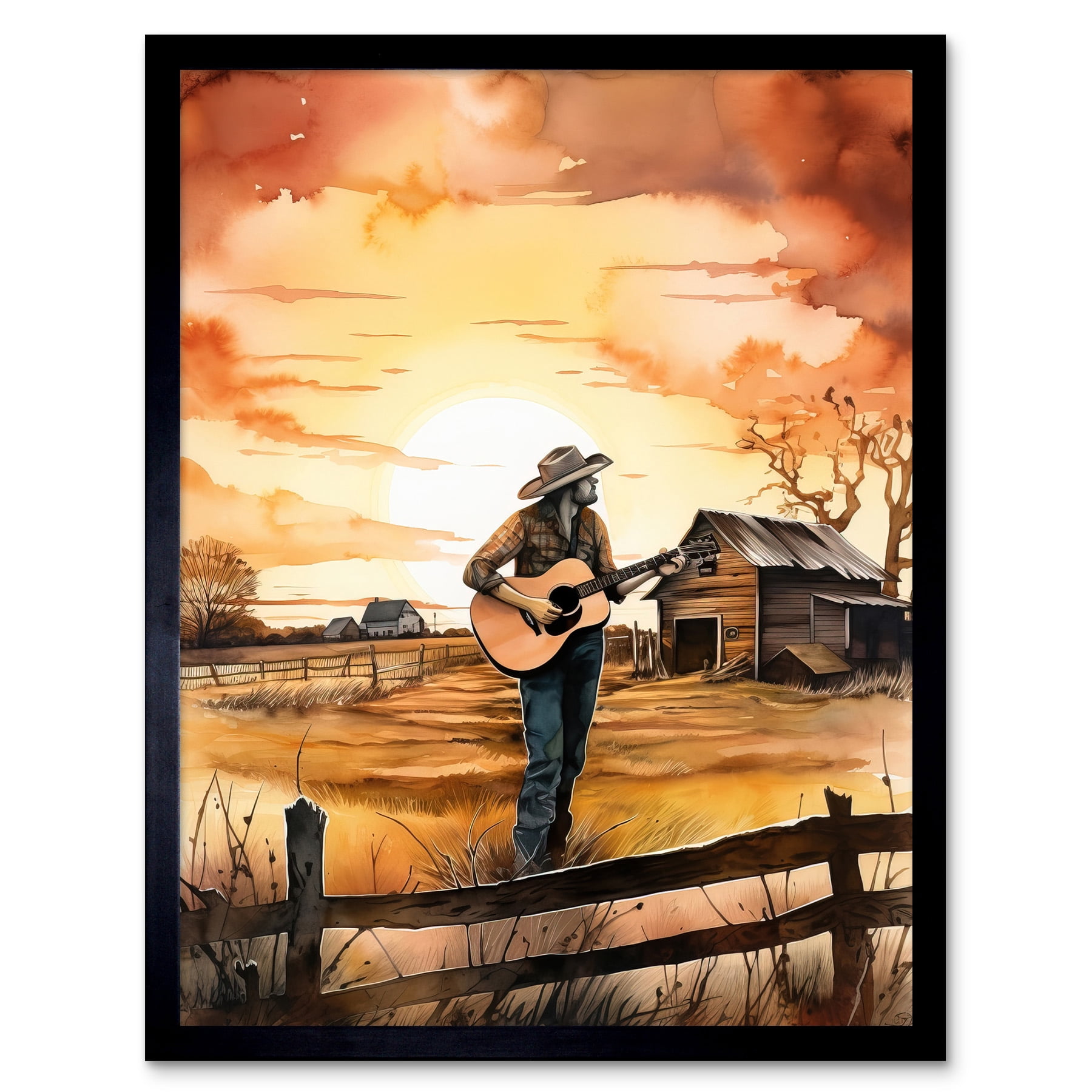 Man Playing Country Music Guitar in Countryside Farm on Sunset
