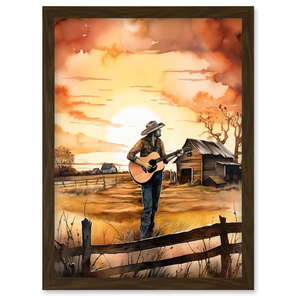 Man Playing Country Music Guitar in Countryside Farm on Sunset Modern Watercolour Painting Artwork Framed Wall Art Print A4