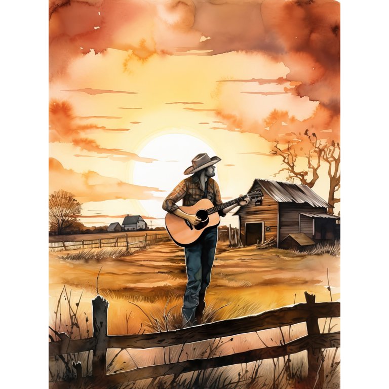 Man Playing Country Music Guitar in Countryside Farm on Sunset