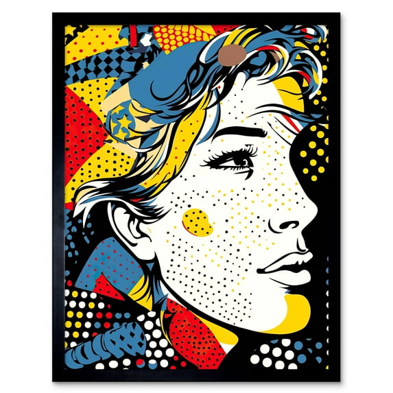 Man Portrait Halftone Patterns Comic Book Style Red Yellow Blue Circles Art Print Framed Poster Wall Decor 12x16 inch