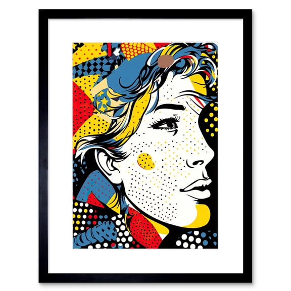 Man Portrait Halftone Patterns Comic Book Style Red Yellow Blue Circles Artwork Framed Wall Art Print 9X7 Inch