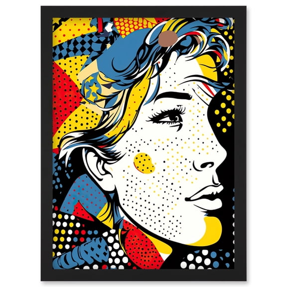Man Portrait Halftone Patterns Comic Book Style Red Yellow Blue Circles Artwork Framed Wall Art Print A4