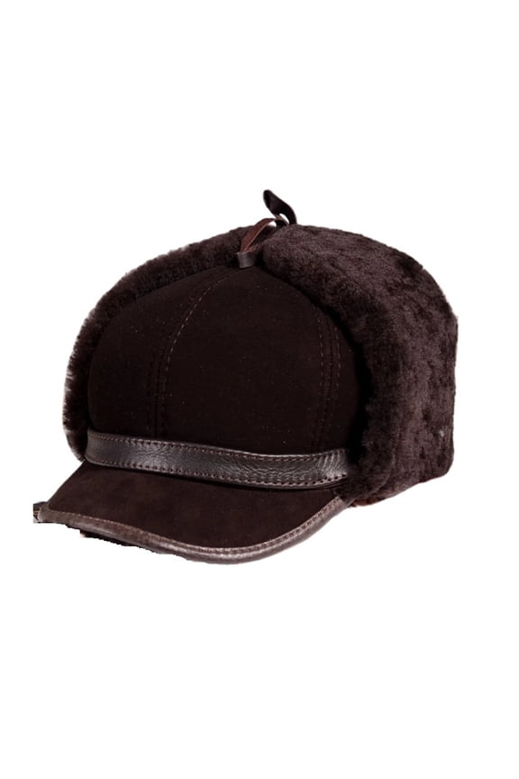 Man Real Leather Full Wool Goat Fur One Bomber Hats Male Fleece Warm Caps Brown/Dark Blue Motocycle Bonnet ,Beautiful Craftsmanship