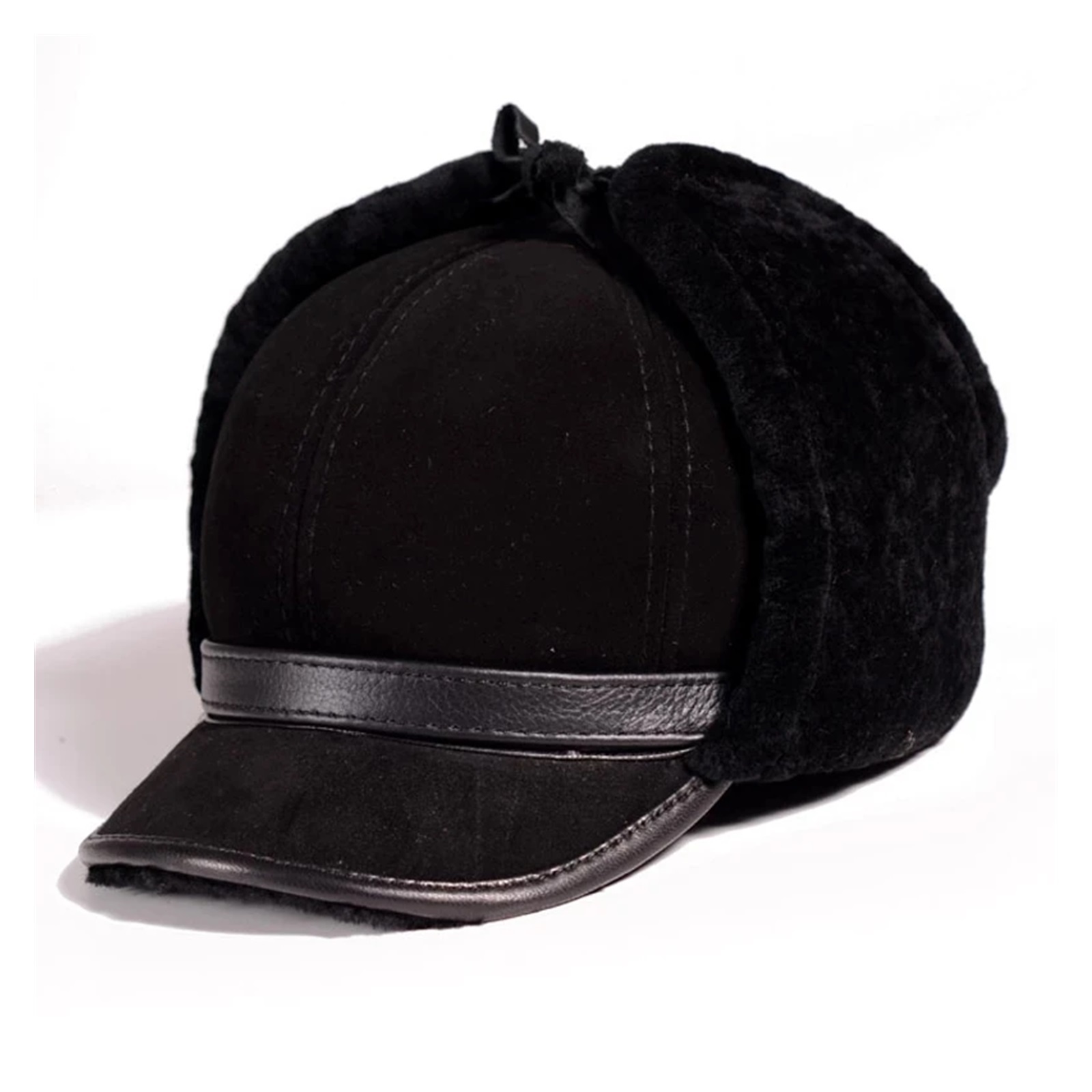 Man Real Leather Full Wool Goat Fur One Bomber Hats Male Fleece Warm Caps Brown/Dark Blue Motocycle Bonnet ,Durable Quality