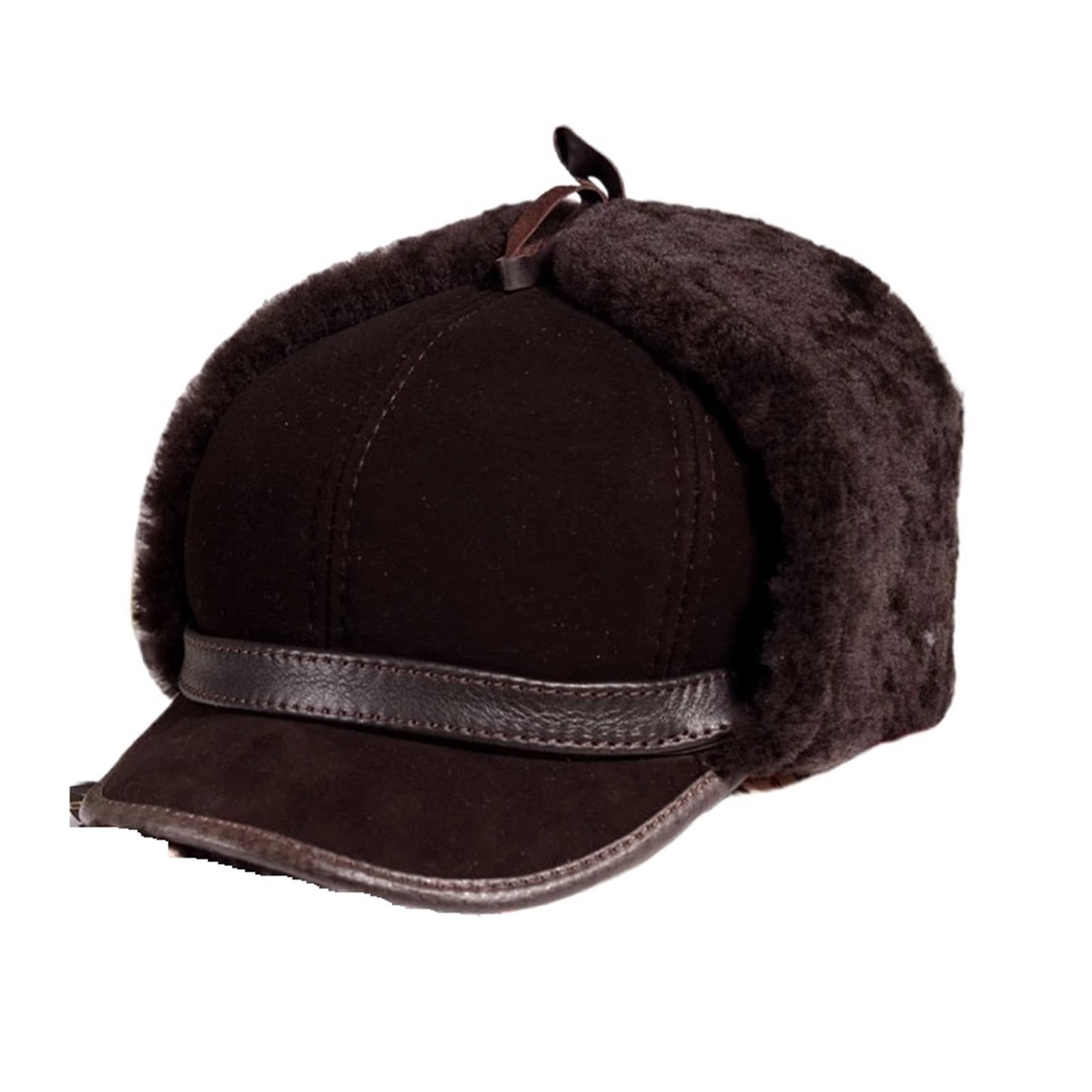Man Real Leather Full Wool Goat Fur One Bomber Hats Male Fleece Warm Caps Brown/Dark Blue Motocycle Bonnet ,Fashion Design