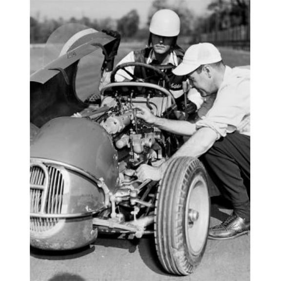 Man Repairing Racing Car Poster Print - 18 x 24 in.