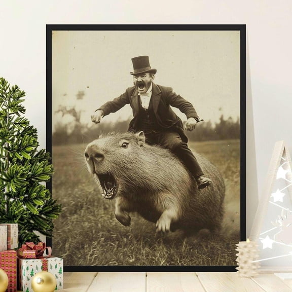 Man Riding Giant Capybara Poster Funny Vintage Animal Art Print Whimsical Wall Decor Unique Gift Retro Animal Poster Surreal Artwork