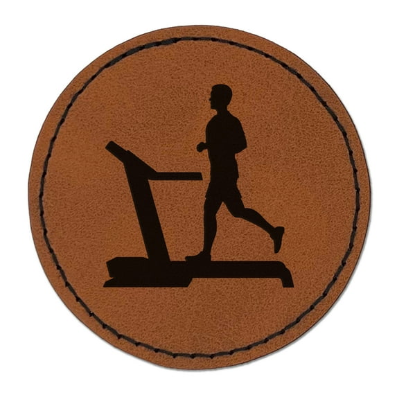 Man Running on Treadmill Cardio Workout Gym 2.5" Faux Leather Round Engraved Iron-On Patch - Brown