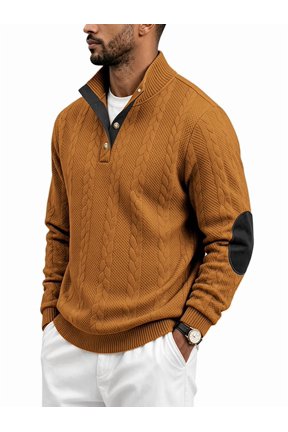 Man'S Cable Knit Stand Collar Half Button Elbow Patch Long Sleeve Top Beige L