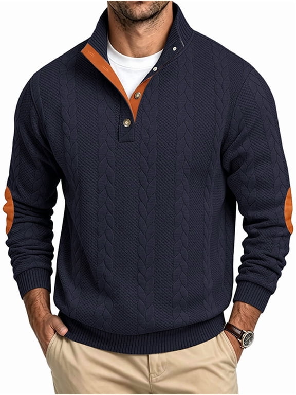 Man'S Cable Knit Stand Collar Half Button Elbow Patch Long Sleeve Top Navy Blue XXL