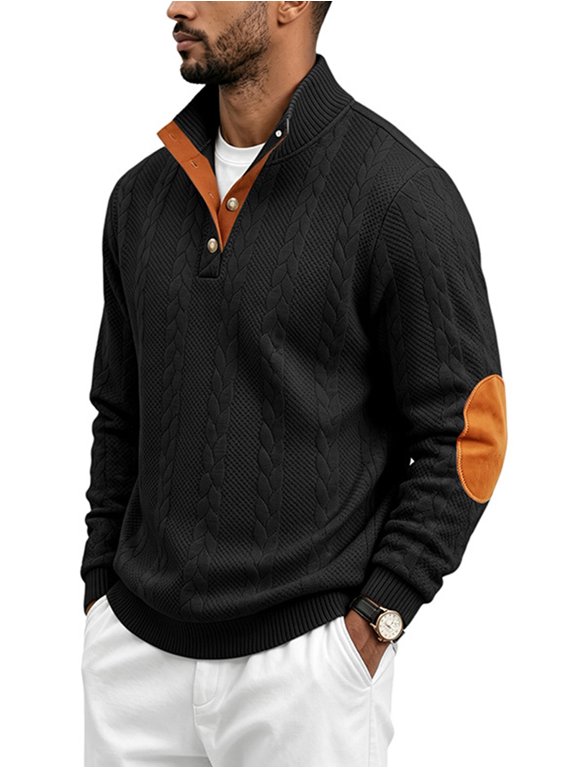 Man'S Cable Knit Stand Collar Half Button Elbow Patch Long Sleeve Top