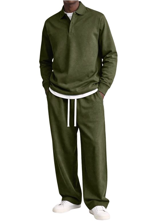 Man'S Collared Long Sleeve Top and Wide Leg Pants Two Piece Outfit Green XXL
