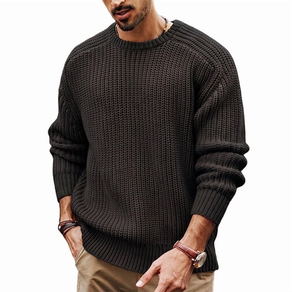 Man'S Crew Neck Chunky Knit Long Sleeve Pullover Sweater Black XXL
