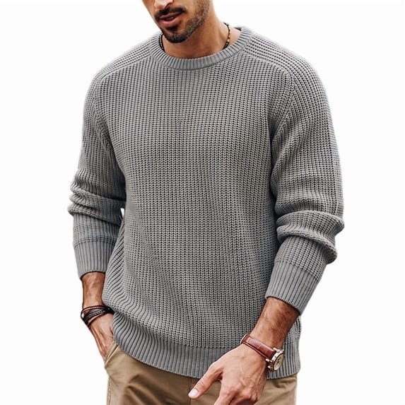 Man'S Crew Neck Chunky Knit Long Sleeve Pullover Sweater Gray XXXL