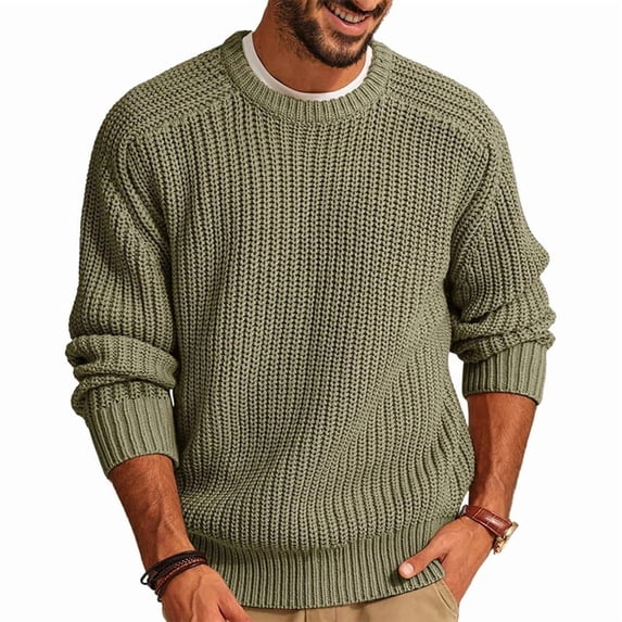 Man'S Crew Neck Chunky Knit Long Sleeve Pullover Sweater Light Green XXXL