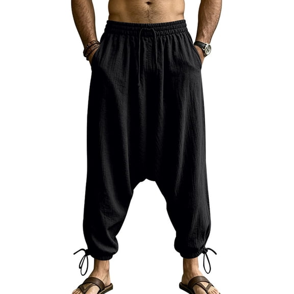Man'S Linen Drawstring Waist Cuffed Drop Crotch Harem Cropped Pants Black L