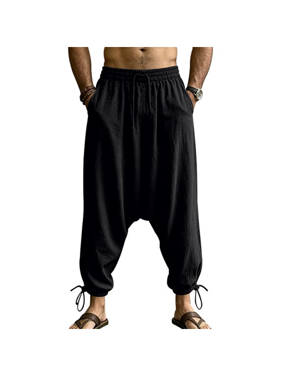 Man'S Linen Drawstring Waist Cuffed Drop Crotch Harem Cropped Pants Black L