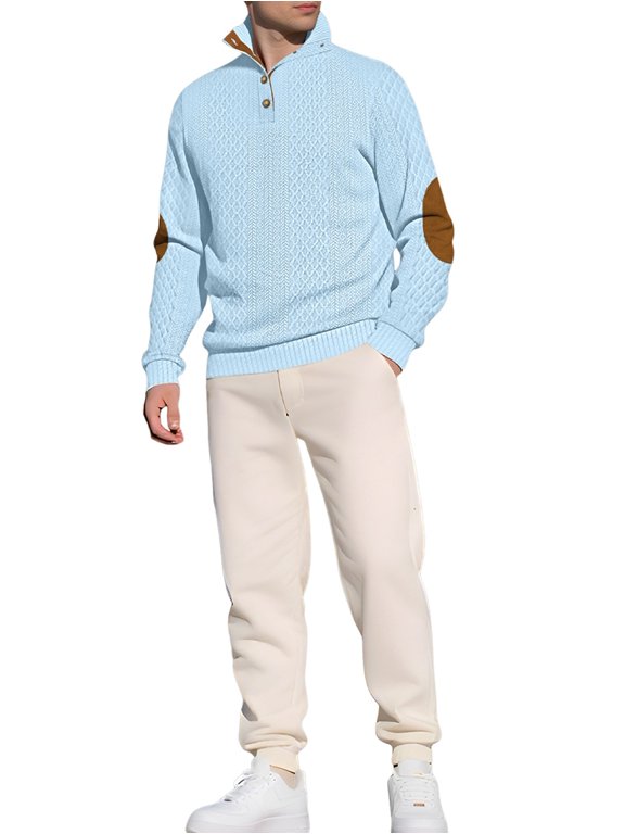 Man'S Stand Collar Button Placket Elbow Patch Long Sleeve Knit Pullover Sweater S