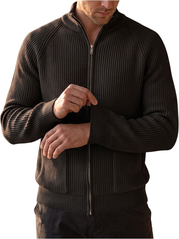 Man'S Stand Collar Full-Zip Ribbed Knit Cardigan Jacket Black S