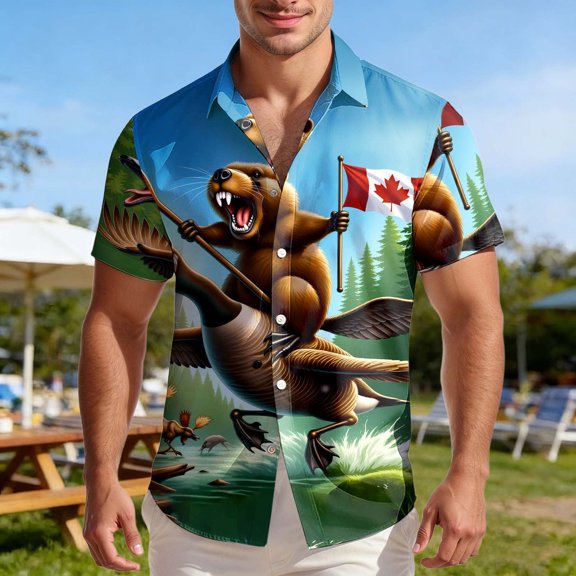 Man Shirt Casual Daily Canada Style Print Short Sleeve Button Down Lapel Blue Soft Breathable Lightweight Stretchy Top