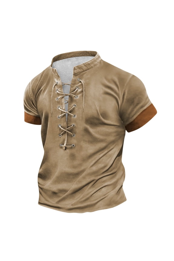 Man Short Sleeve Tshirts Tops Tee for Man Collared High Neck Lace Hippy Medieval Summer Fall Tee Shirt 2026 L
