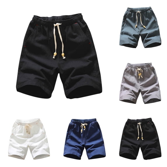 Man Shorts for Men Men's Athletic Shorts Man Solid-Color Casual Pocket-Linen Drawstring Elastic-Waist Half Shorts Pants Gray Xxxxl