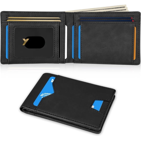 Man Slim Wallet Leather  Clip RFID Blocking Front Pocket Minimalist Bifold Wallet Thin Credit Card Holder Black