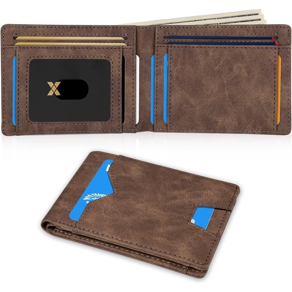 Man Slim Wallet Leather  Clip RFID Blocking Front Pocket Minimalist Bifold Wallet Thin Credit Card Holder Coffee